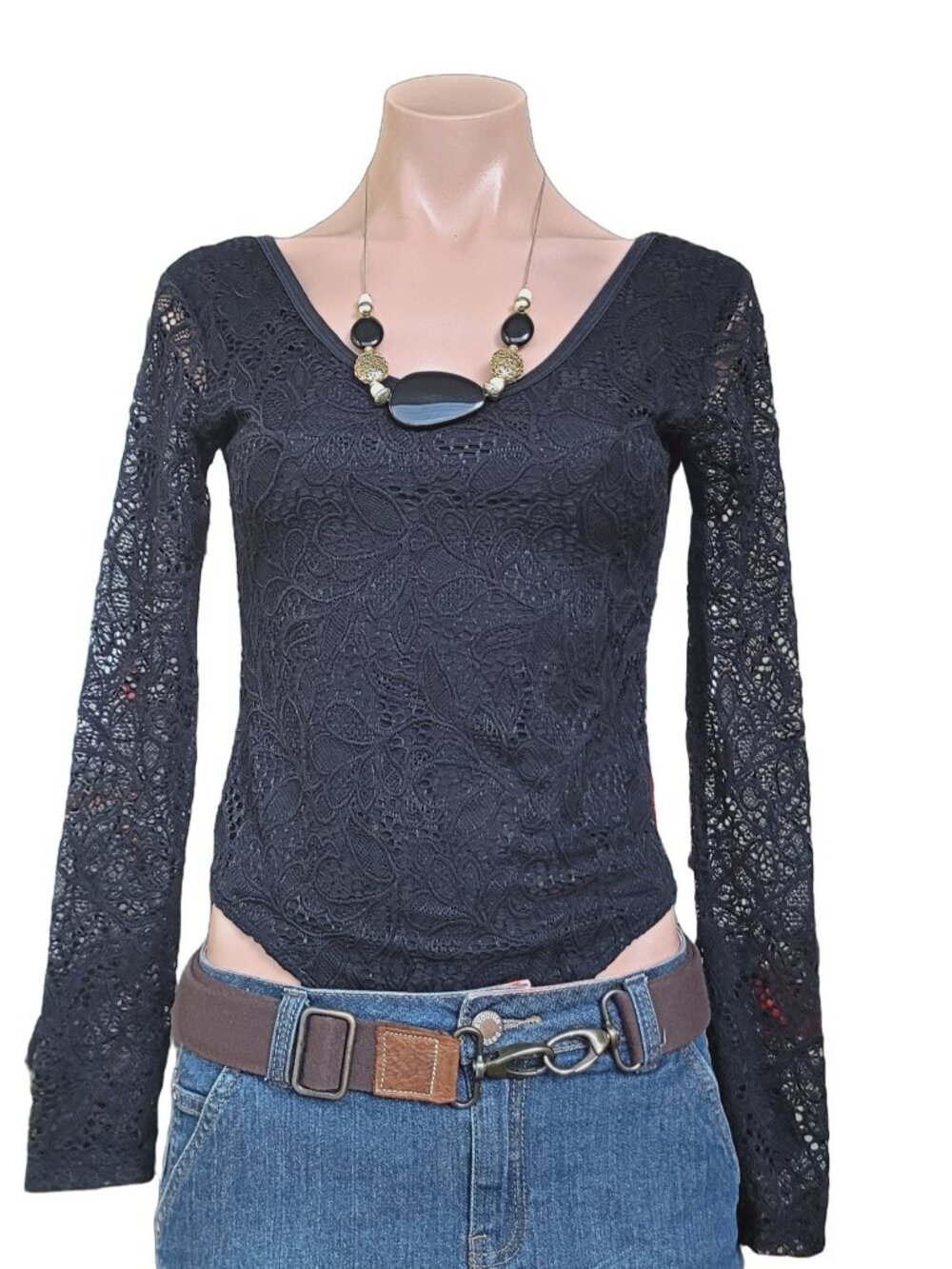 Women's Black Sheer Lace Long Sleeve Bodysuit (size S)